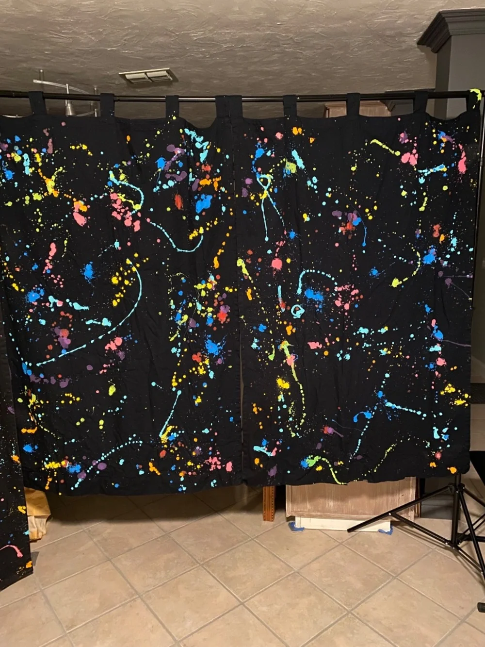 🫟 38 x 78 or 41 x 61 Black Curtains 😎 2 Panels in each set 💥 80’s Splat Neon